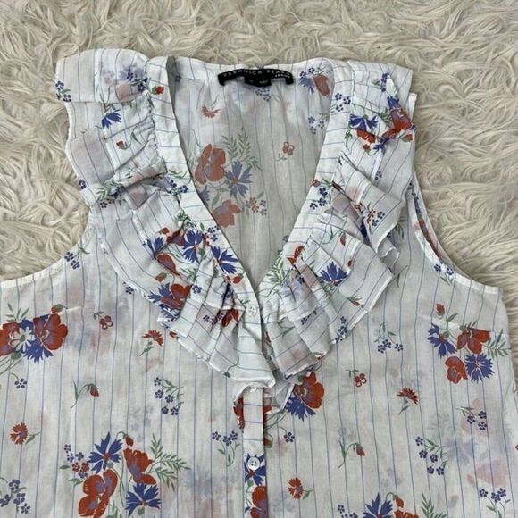 Veronica Beard Leina White Floral Ruffle Sleeveless Button Front V-neck Blouse M - Picture 9 of 10